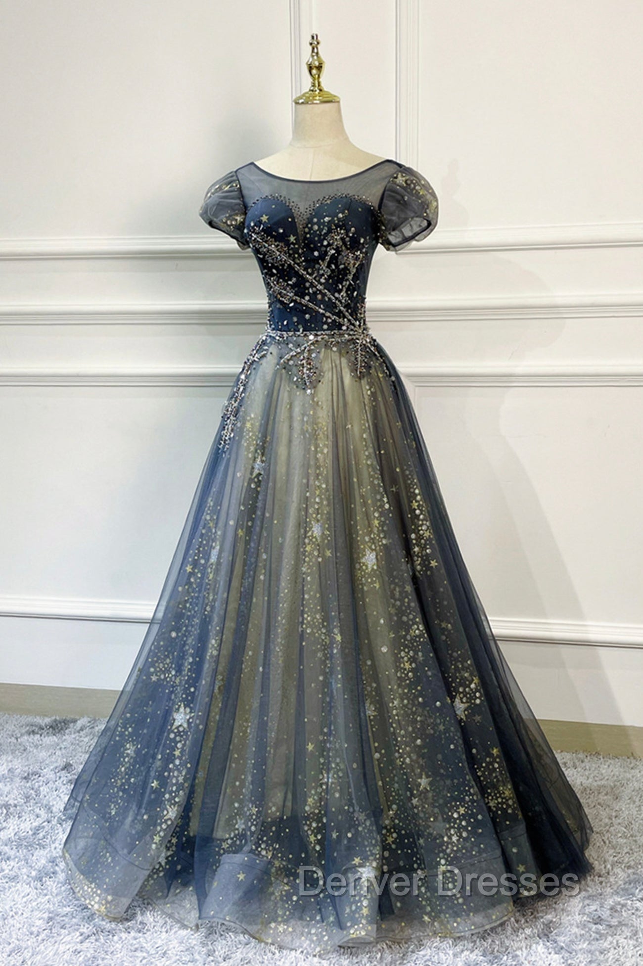 Blue Scoop Neckline Tulle Long Prom Dress with Beaded, A-Line Evening Party Dress Main image