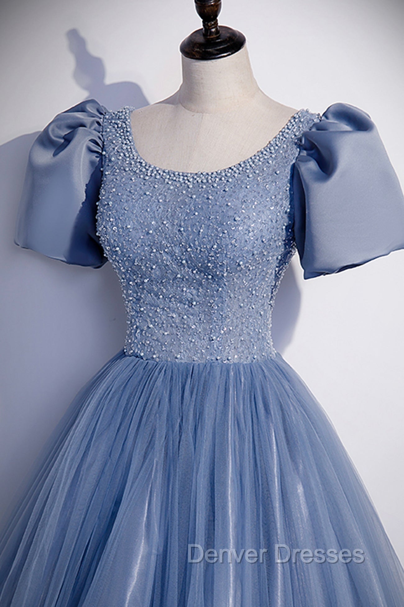 Blue Scoop Tulle Long Prom Dress, A-Line Short Sleeve Formal Dress Secondary image