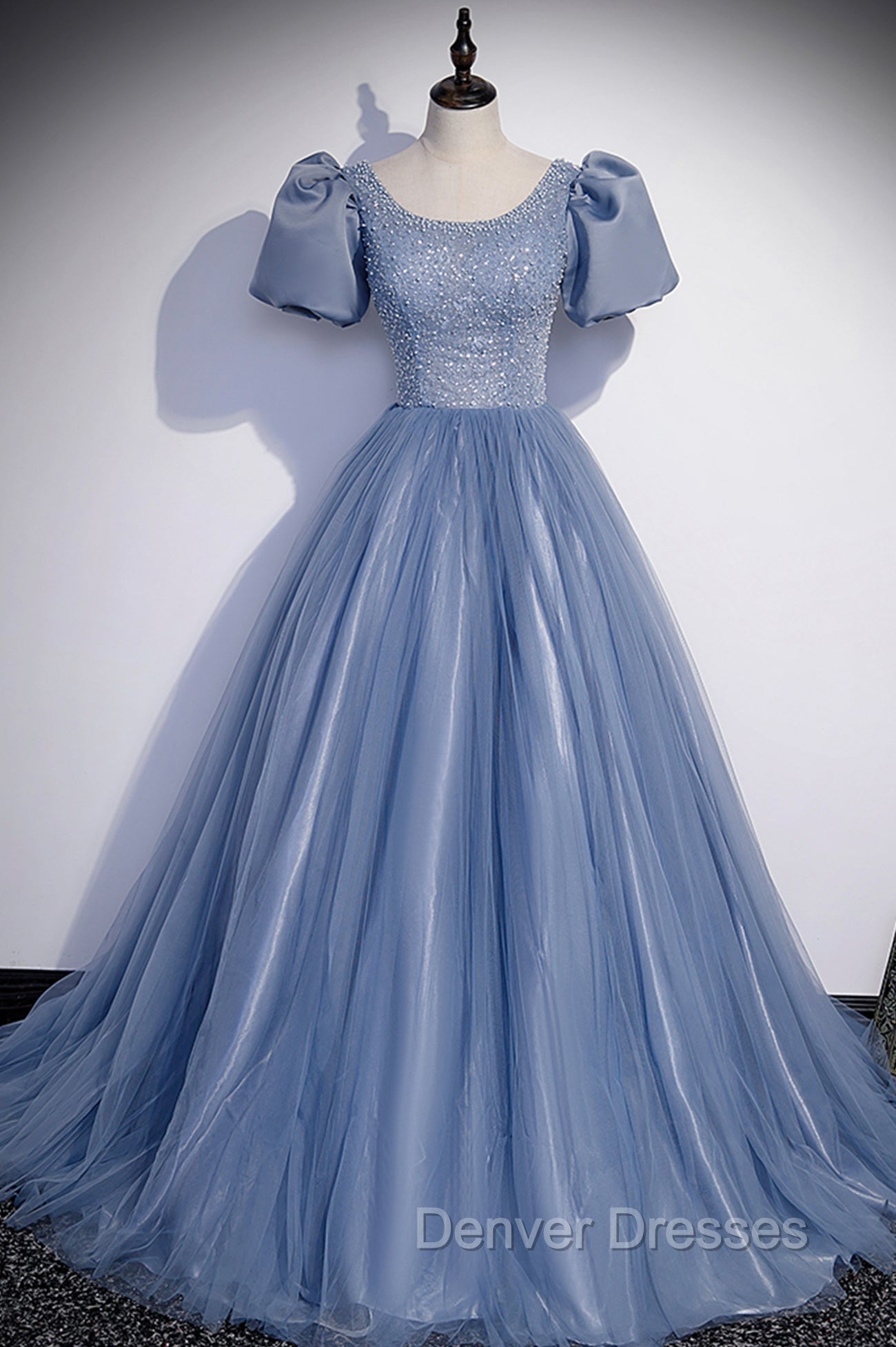 Blue Scoop Tulle Long Prom Dress, A-Line Short Sleeve Formal Dress Main image