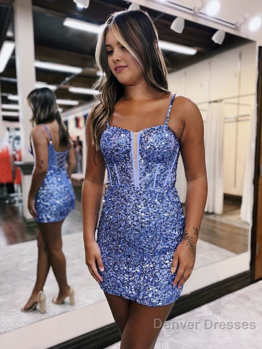 Blue Sequin Scoop Neck Lace-Up Short Tight Homecoming Dress
