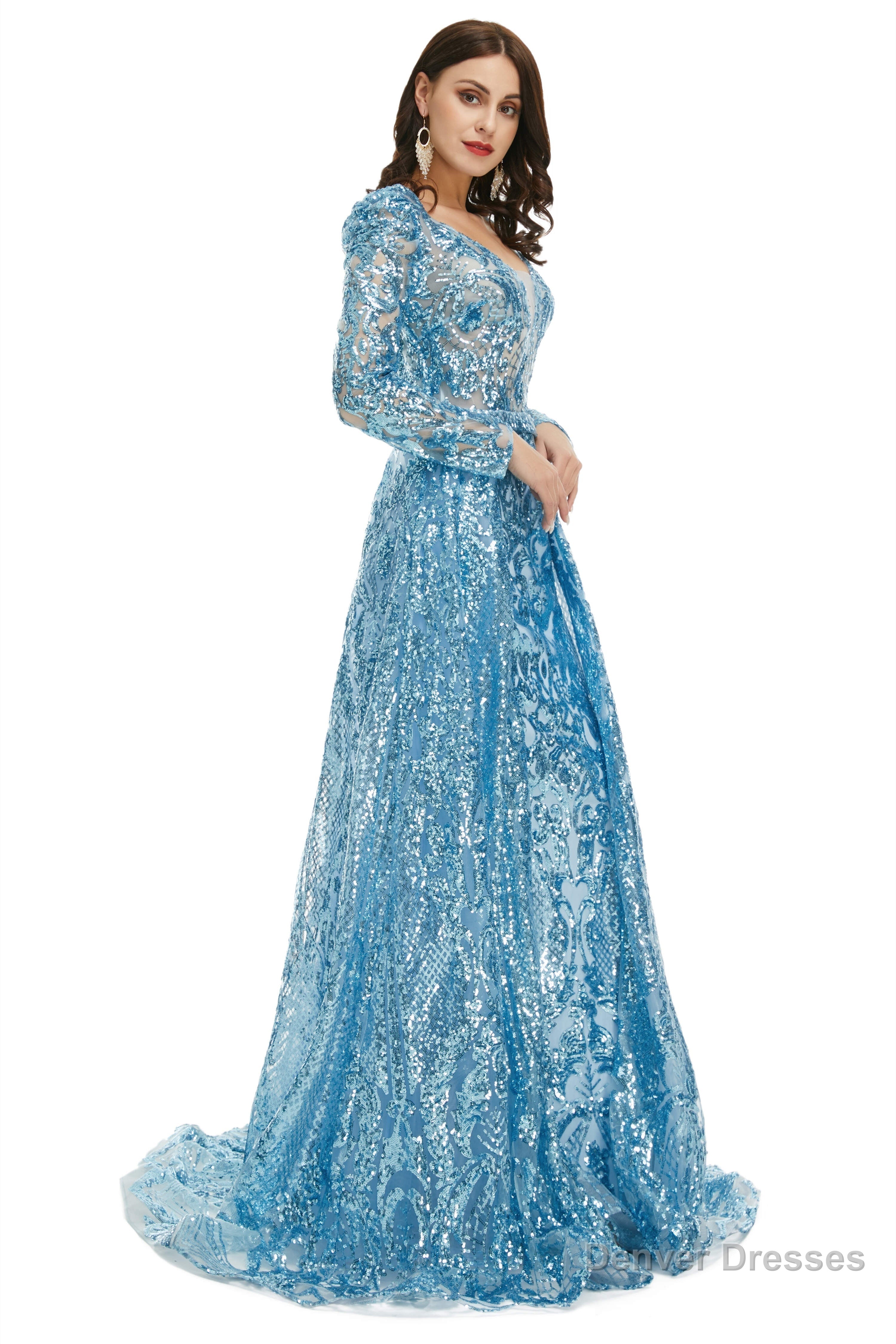 Blue Sequin With Detachable Train Long Sleeves Mermaid Evening Dresses Main image