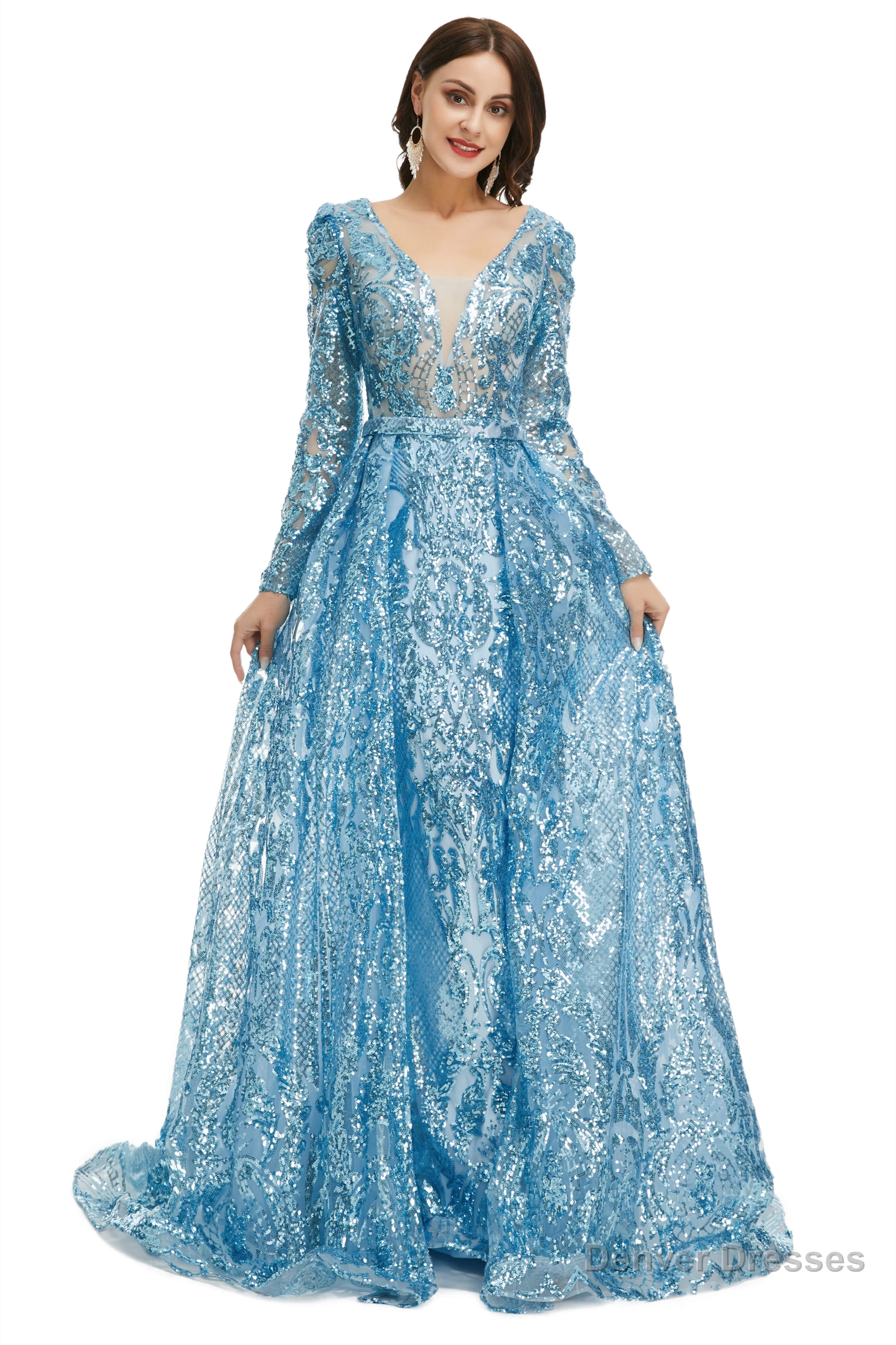 Blue Sequin With Detachable Train Long Sleeves Mermaid Evening Dresses Secondary image