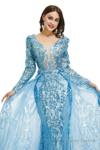 Blue Sequin With Detachable Train Long Sleeves Mermaid Evening Dresses