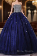 Blue Sequins and Beaded Ball Gown Tulle Lace-up Formal Dress,Blue Evening Dress Party Dress