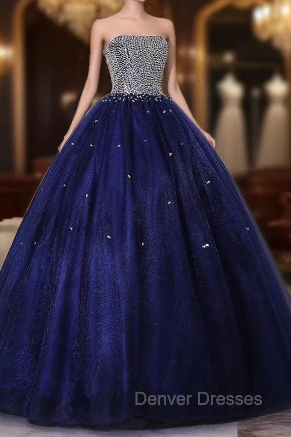 Blue Sequins and Beaded Ball Gown Tulle Lace-up Formal Dress,Blue Evening Dress Party Dress