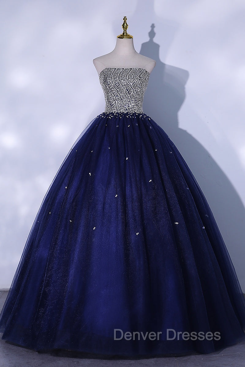 Blue Sequins and Beaded Ball Gown Tulle Lace-up Formal Dress,Blue Evening Dress Party Dress