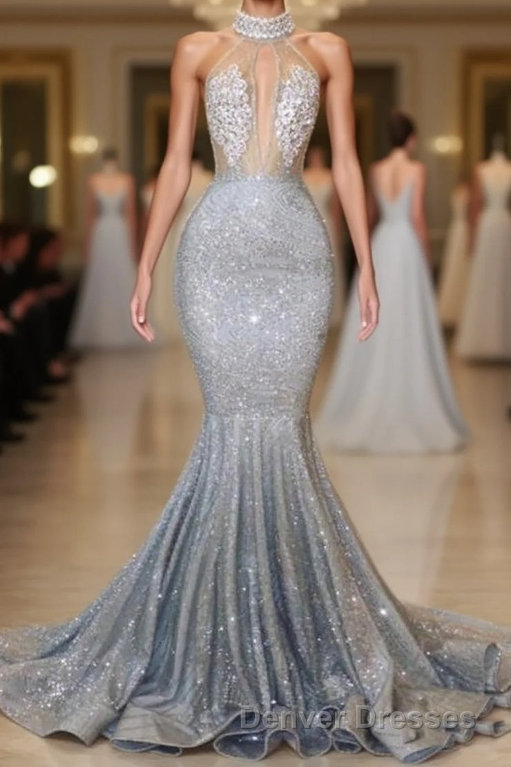 Blue Sequins Backless Long Mermaid Crystal Beaded Prom Dress