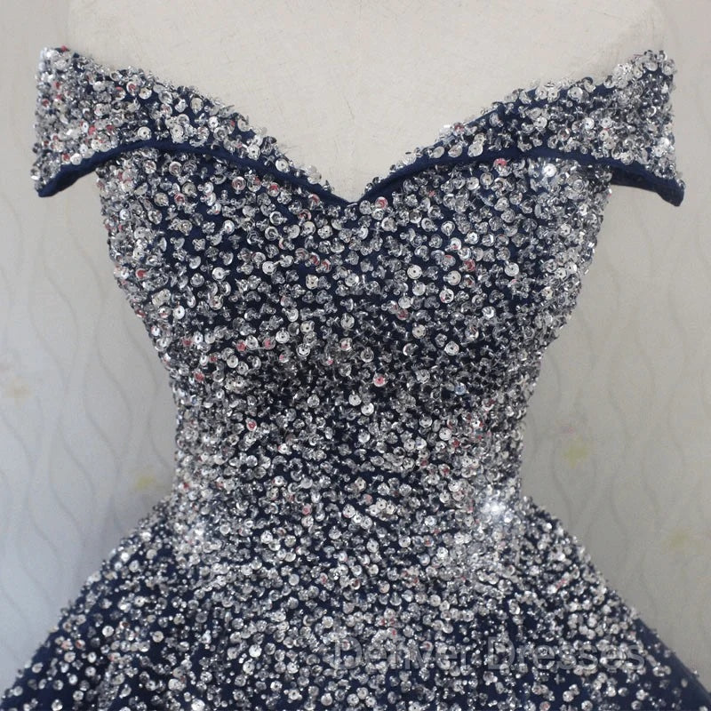 Blue Sequins Ball Gown Off Shoulder Party Dress Blue Sweet 16 Gown prom Dress shops