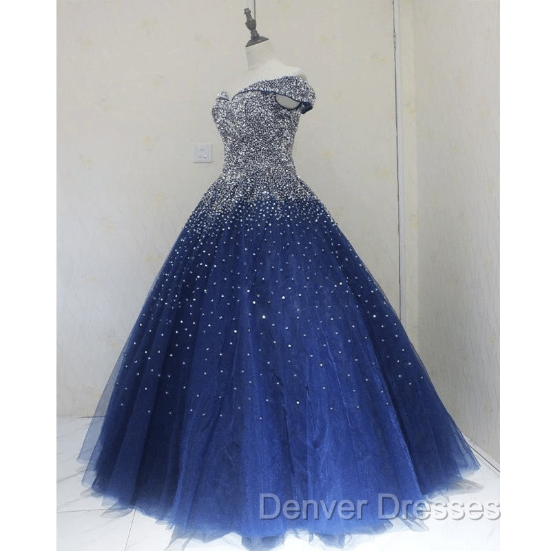 Blue Sequins Ball Gown Off Shoulder Party Dress Blue Sweet 16 Gown prom Dress shops