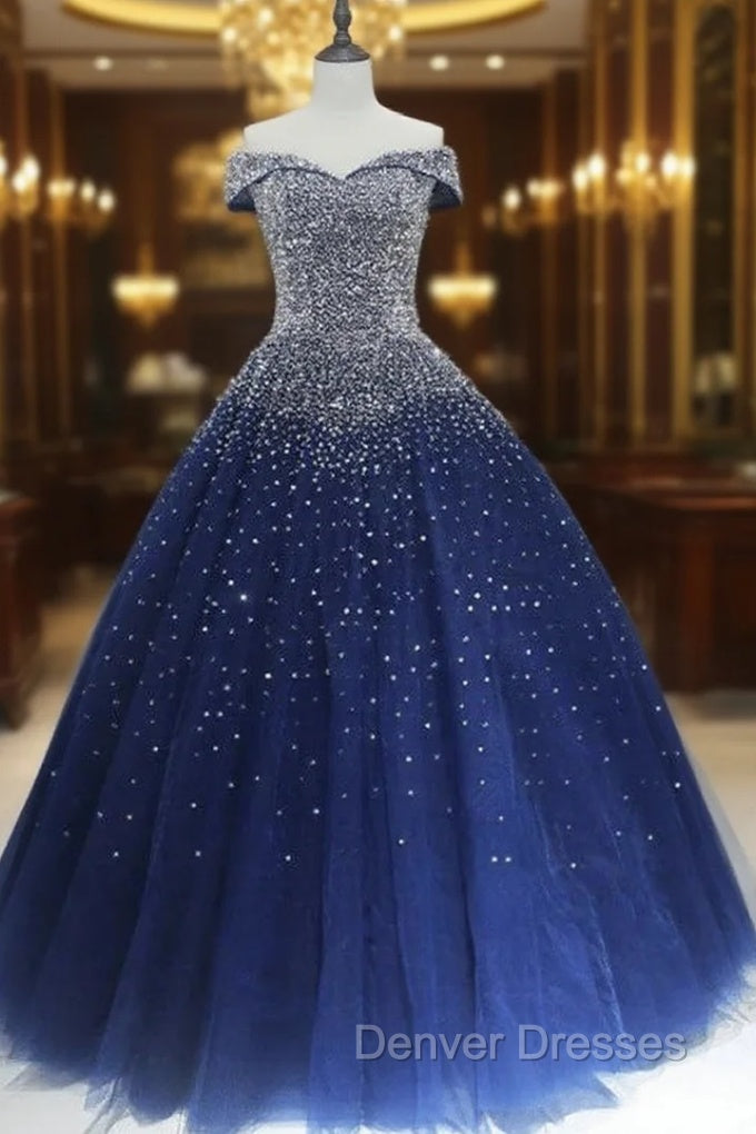 Blue Sequins Ball Gown Off Shoulder Party Dress Blue Sweet 16 Gown prom Dress shops Main image