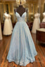 Blue Sequins Long A-Line Prom Dress, V-Neck Shiny Evening Party Dress