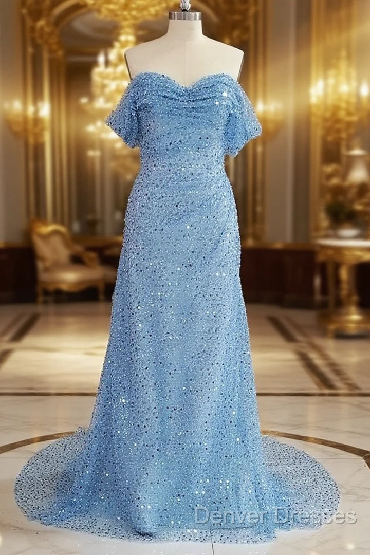Blue Sequins Off Shoulder Sweep Train Party Dress, Blue Sweetheart Long Formal Dress Main image