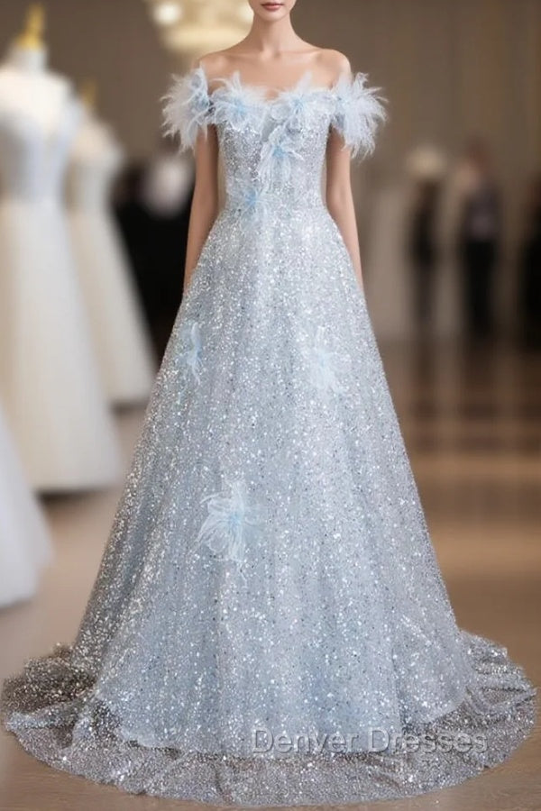 Blue Sequins Off the Shoulder 3D Flower Prom Dress Main image