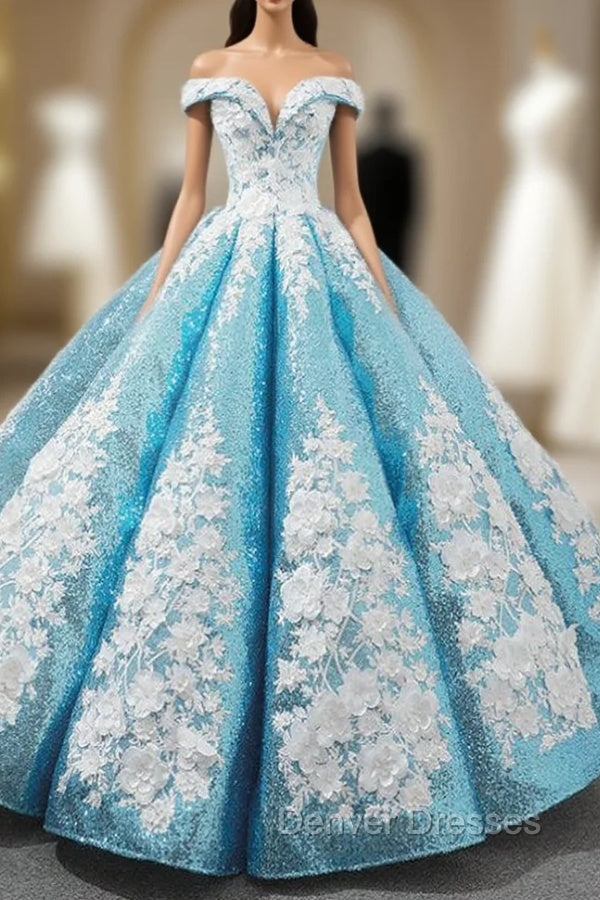 Blue Sequins Off The Shoulder Floor Length Appliques Wedding Dress Main image