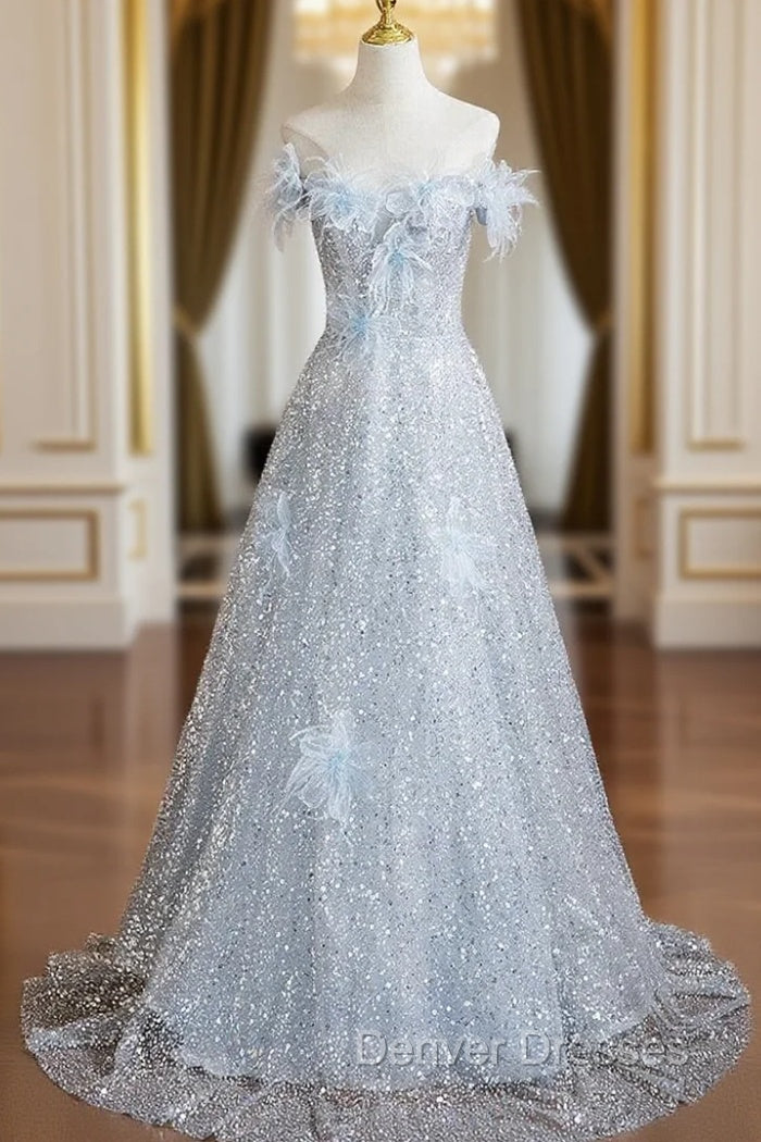 Blue Sequins Off the Shoulder Flower Prom Dress