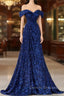 Blue Sequins Off the Shoulder Prom Dress