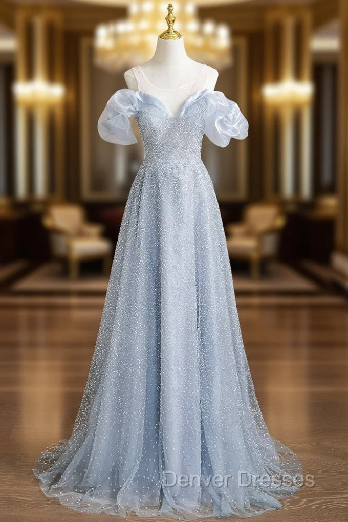 Blue Sequins Scoop Neck Backless Prom Dress