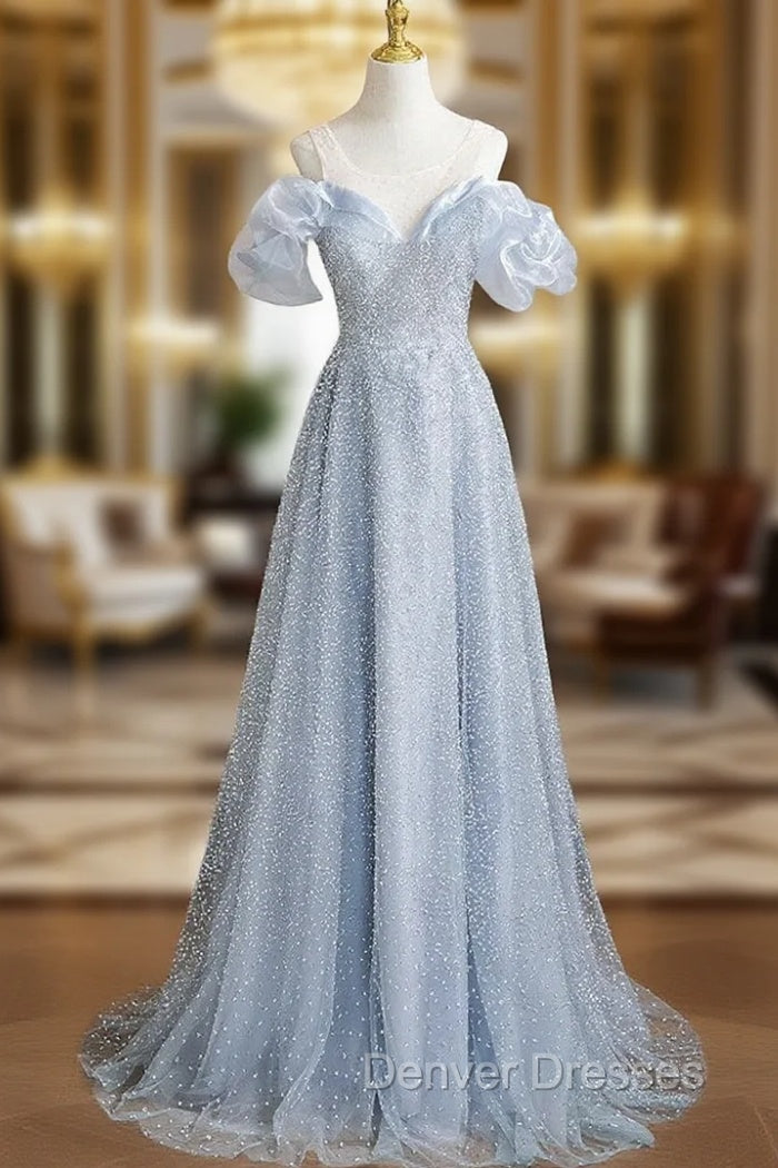 Blue Sequins Scoop Neck Prom Dress