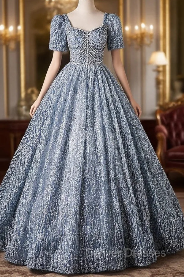 Blue Sequins Short Sleeve Beading Quinceanera Dress Main image