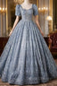 Blue Sequins Short Sleeve Beading Quinceanera Dress