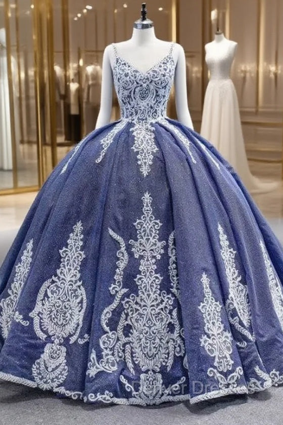 Blue Sequins Spaghetti Straps Appliques Prom Dress Main image