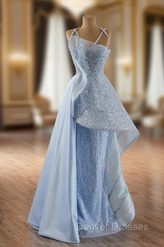 Blue Sequins Spaghetti Straps Prom Dress