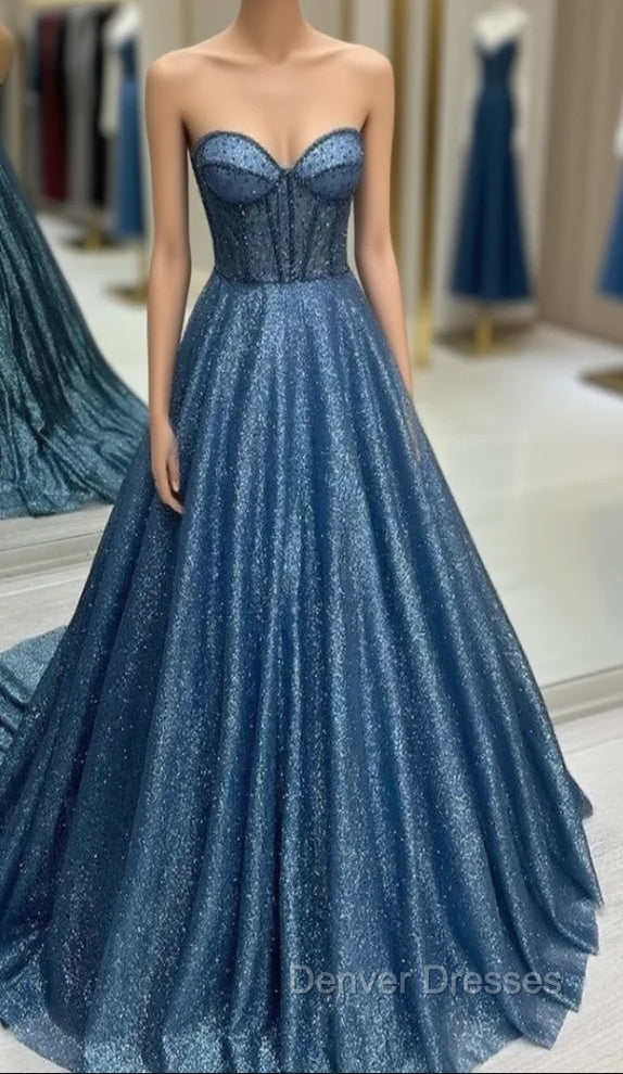 Blue Sequins Sweetheart Beading Prom Dress