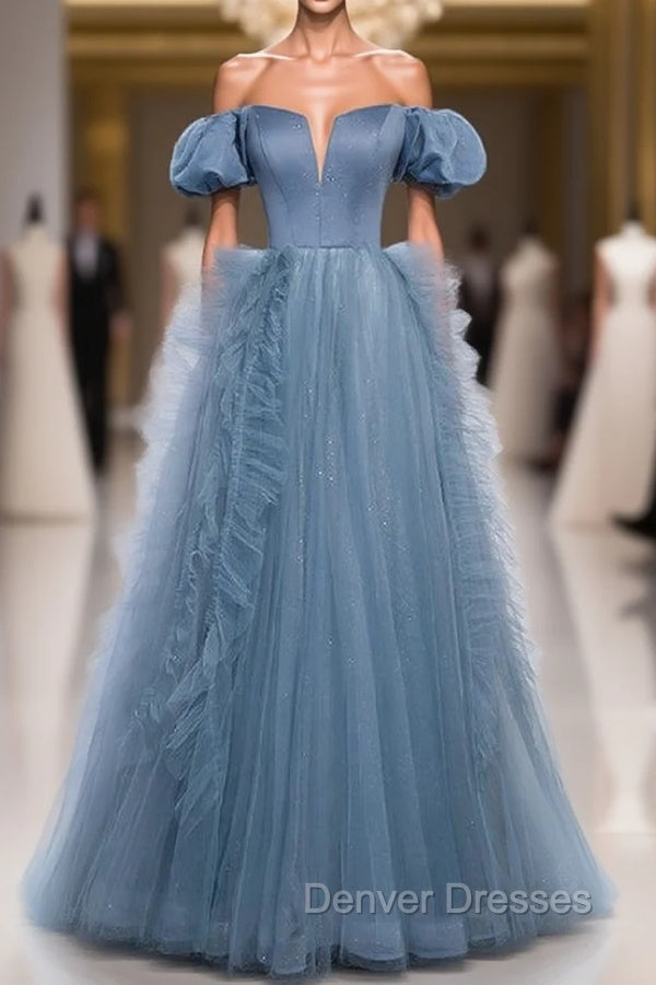 Blue Sequins Tulle Off the Shoulder Prom Dress