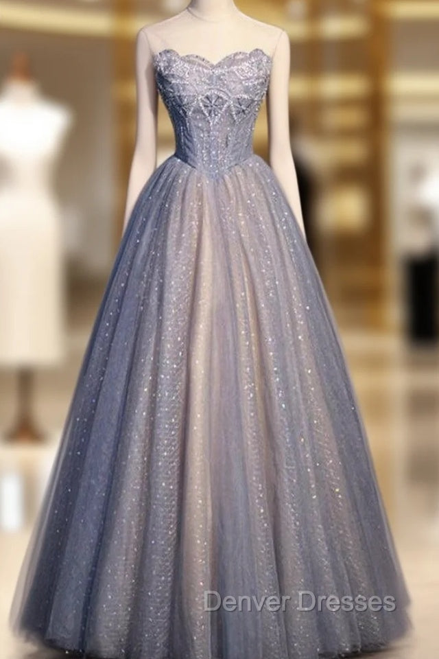 Blue Sequins Tulle Strapless Beading Prom Dress