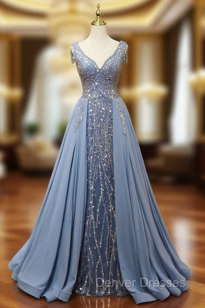Blue Sequins V-neck Beading Prom Dress
