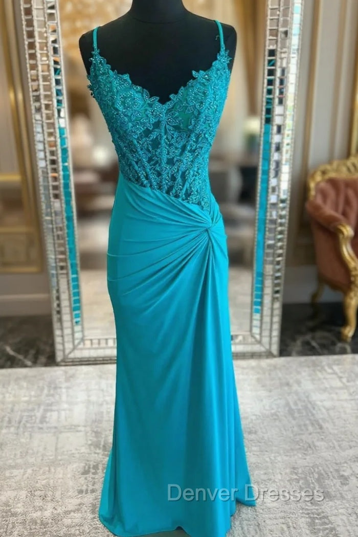 Blue Sheath Straps Appliques Beading Prom Dress Main image