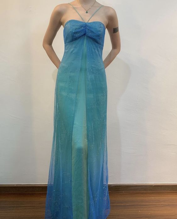 Blue Shiny Fashion Gradient Spray Gold Retro Elegant Sling Long Tulle Ball Gown Evening Dress Party Dress Secondary image