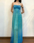 Blue Shiny Fashion Gradient Spray Gold Retro Elegant Sling Long Tulle Ball Gown Evening Dress Party Dress