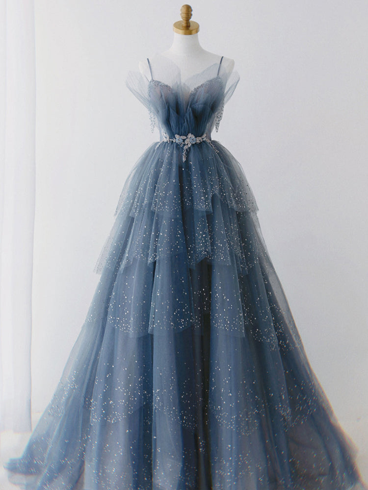 Blue Shiny Tulle Layers Straps Beaded Long Prom Dress, A-Line Chic Evening Dress