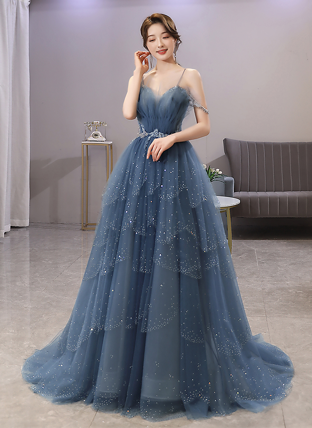 Blue Shiny Tulle Layers Straps Beaded Long Prom Dress, A-Line Chic Evening Dress
