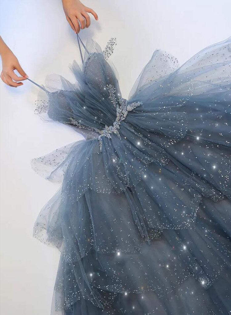 Blue Shiny Tulle Layers Straps Beaded Long Prom Dress, A-Line Chic Evening Dress Main image