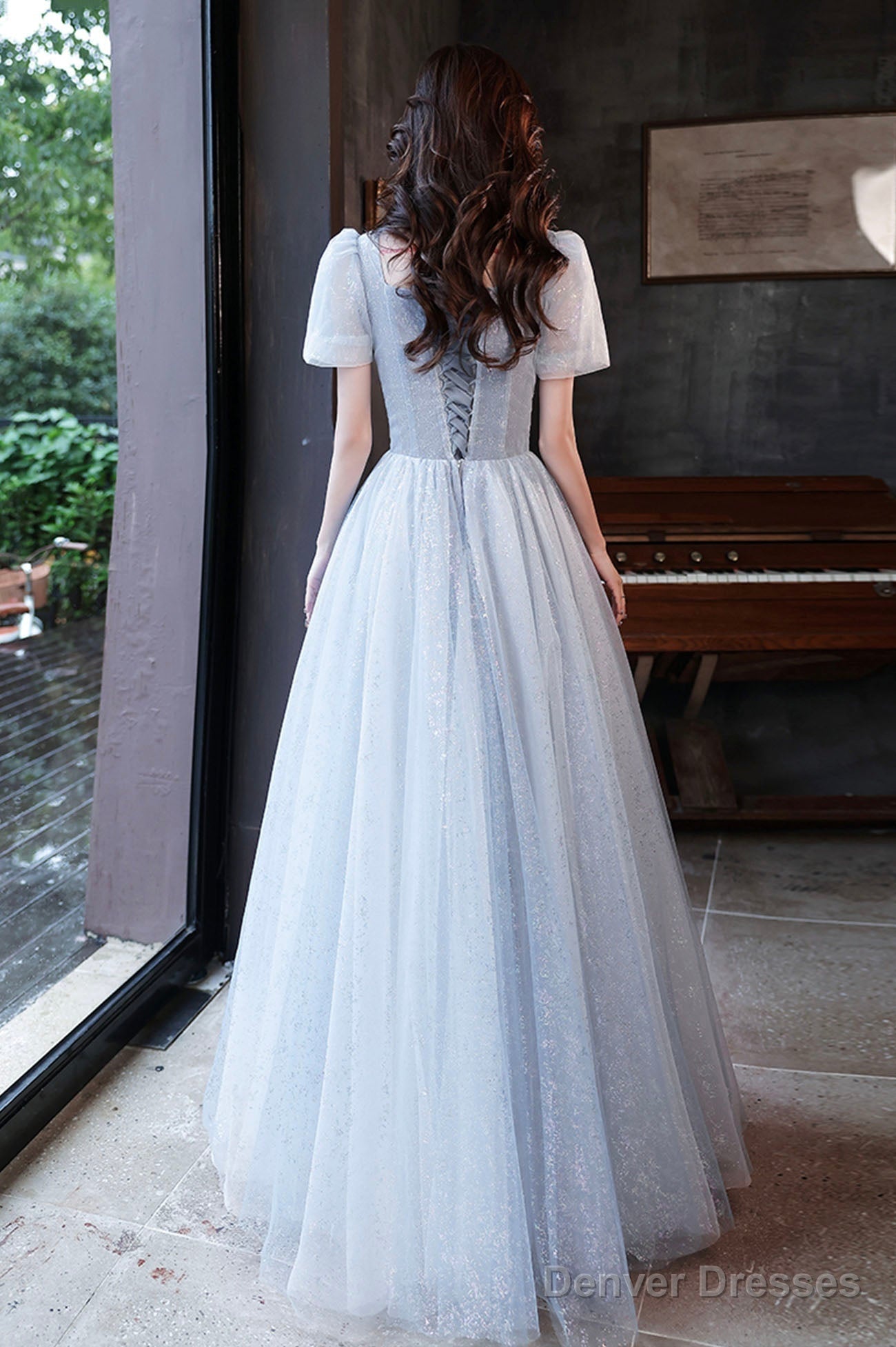 Blue Shiny Tulle Long A-Line Prom Dress, Blue Short Sleeve Evening Dress