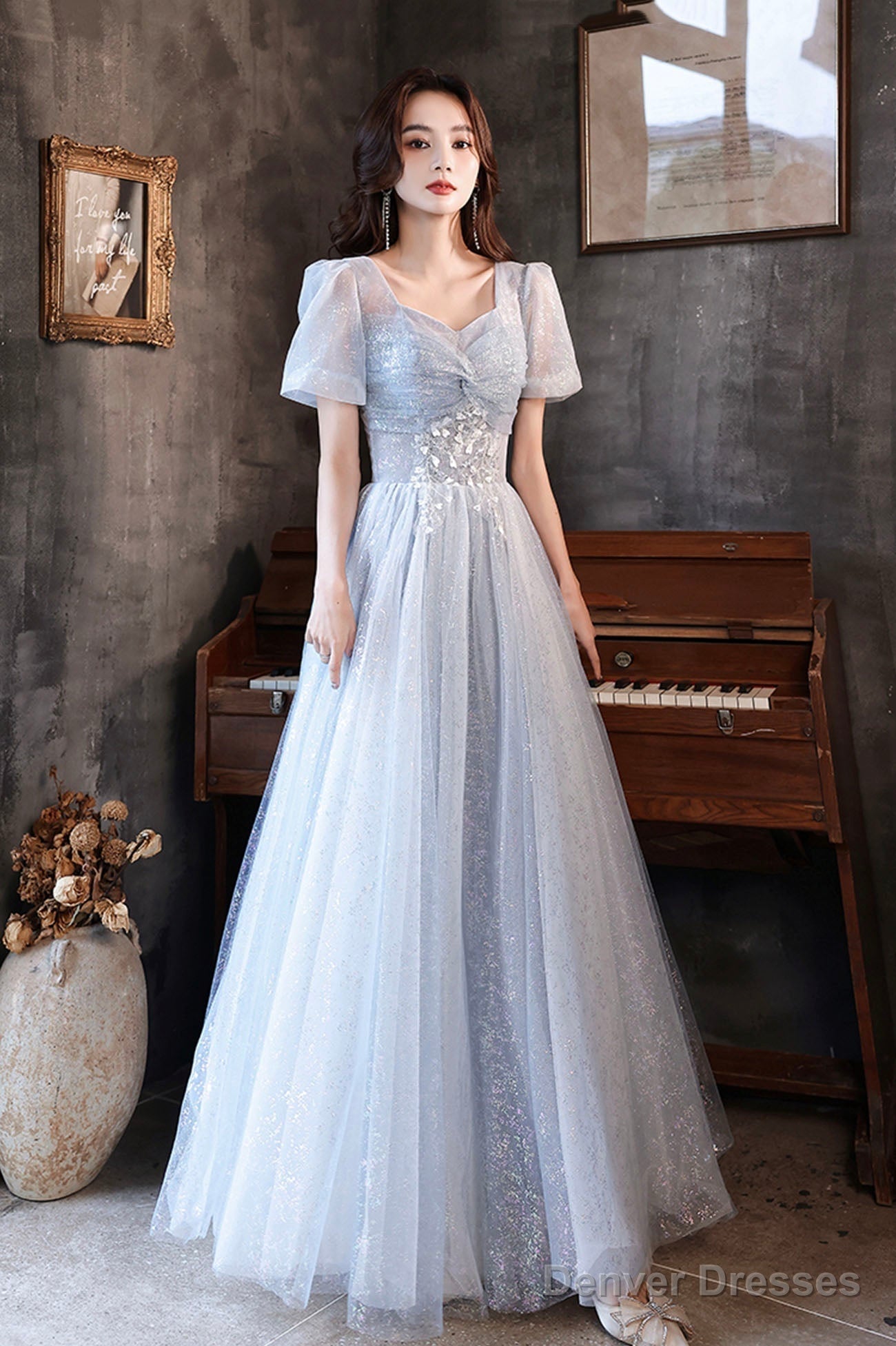 Blue Shiny Tulle Long A-Line Prom Dress, Blue Short Sleeve Evening Dress Main image