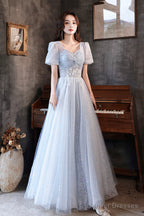 Blue Shiny Tulle Long A-Line Prom Dress, Blue Short Sleeve Evening Dress