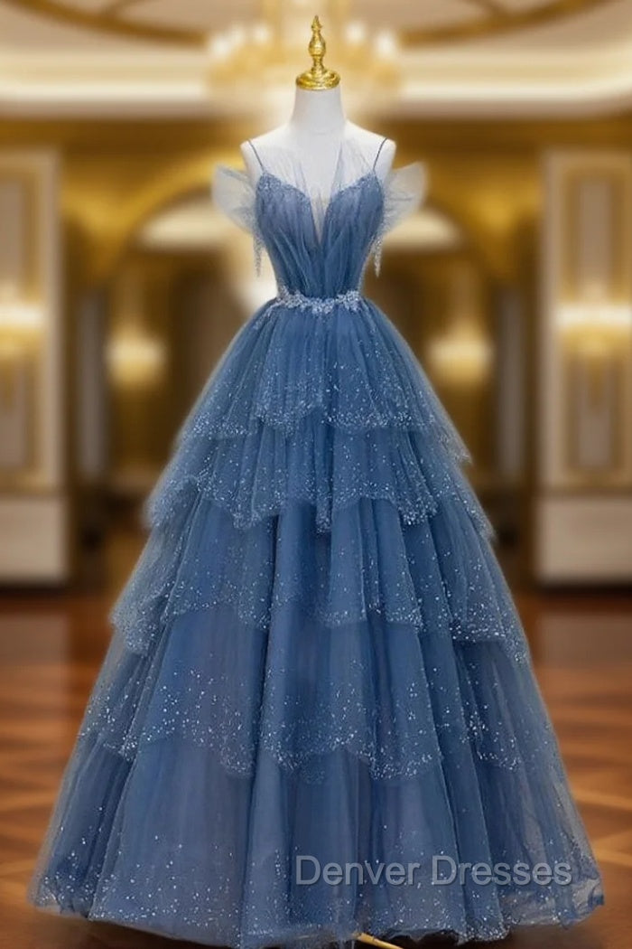 Blue Shiny Tulle Long Beaded A-line Prom Dress, Blue Floor Length Party Dress Main image
