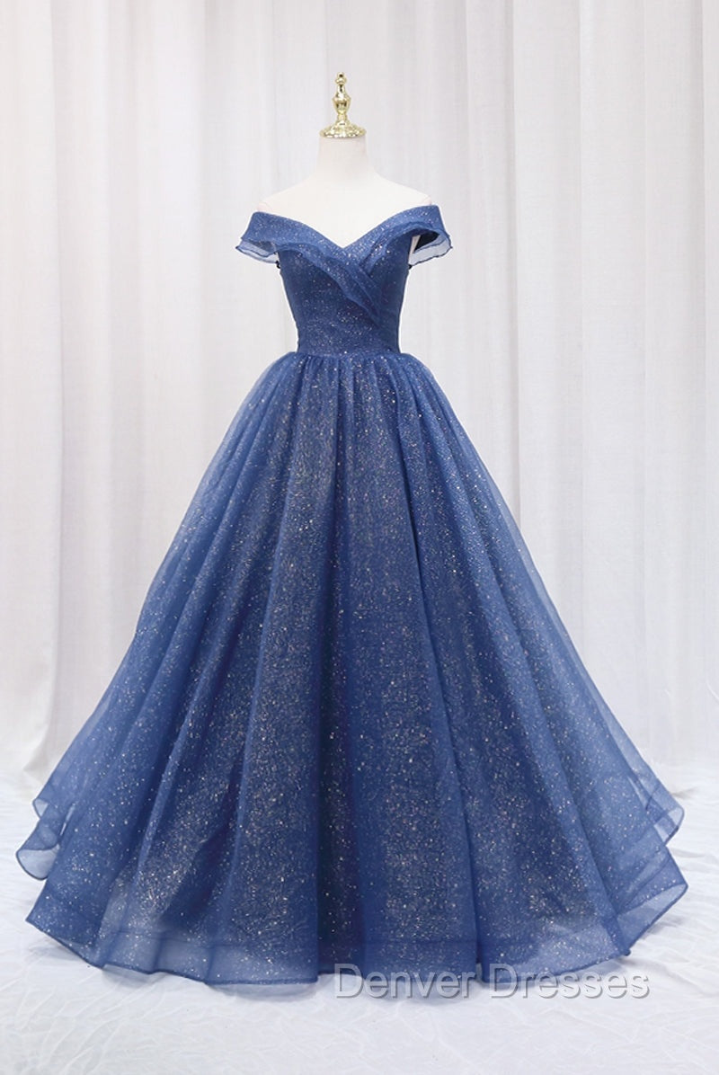 Blue Shiny Tulle Off the Shoulder Prom Dress, Blue V-Neck Evening Dress Main image