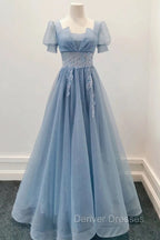 Blue Shiny Tulle Short Sleeves Long Formal Dress, Blue A-line Prom Dress