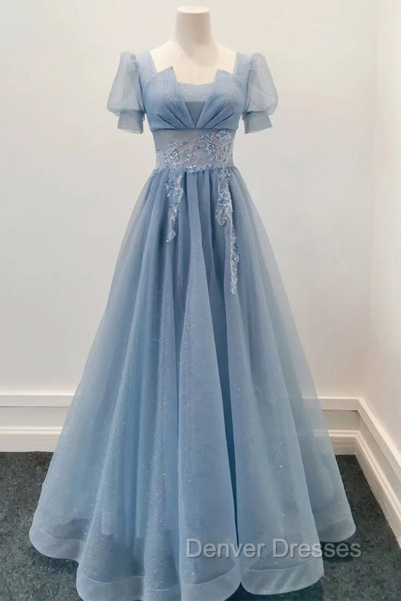 Blue Shiny Tulle Short Sleeves Long Formal Dress, Blue A-line Prom Dress