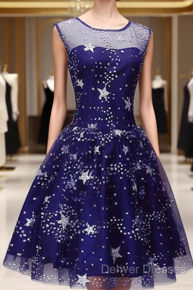 Blue Short Beautiful Homecoming Dress Tulle Sleevelessprom Dress, Blue Party Dress Main image