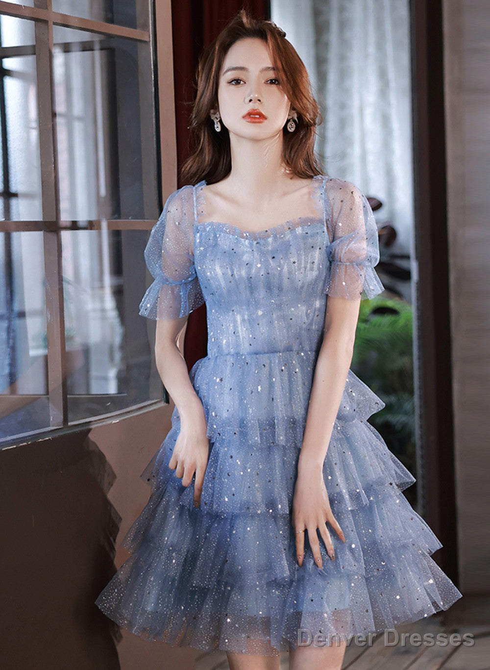 Blue Short Layers Tulle Formal Dress, Blue Off Shoulder Homecoming Dress Party Dress Secondary image
