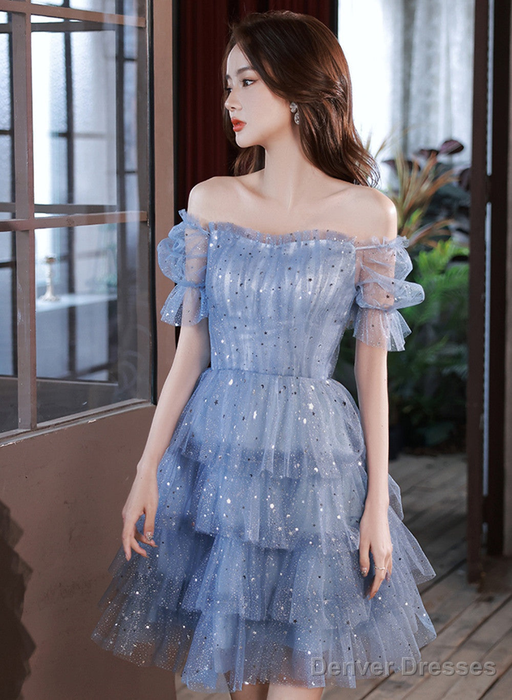 Blue Short Layers Tulle Formal Dress, Blue Off Shoulder Homecoming Dress Party Dress Main image