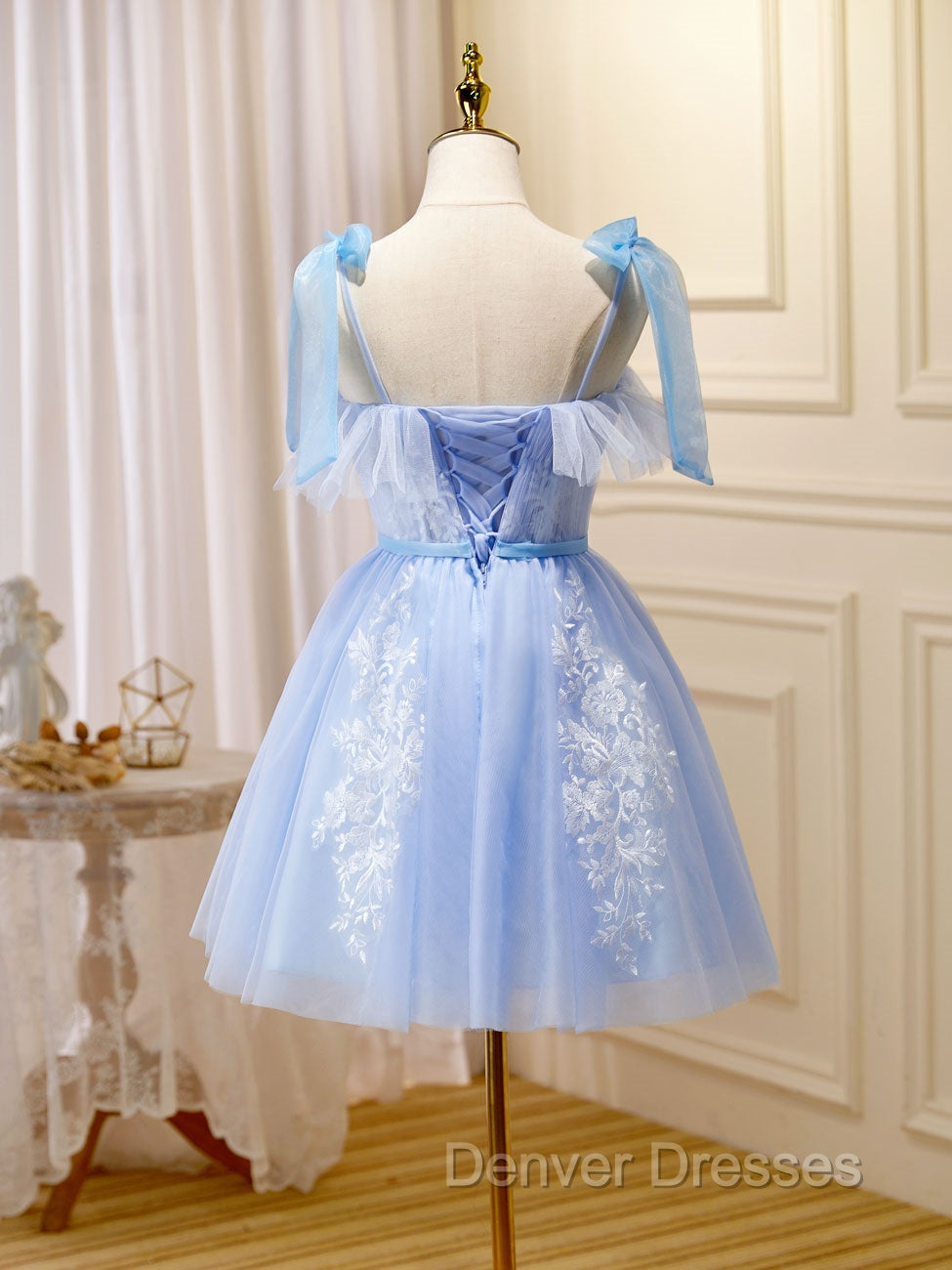 Blue Short Prom Dress, Puffy Cute Blue Homecoming Dress with Lace