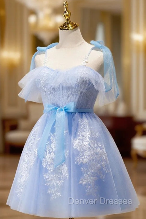 Blue Short Prom Dress, Puffy Cute Blue Homecoming Dress with Lace Main image