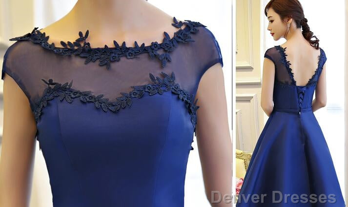 Blue Short Satin V Back Knee Length Homecoming Dress, Lovely Formal Dress