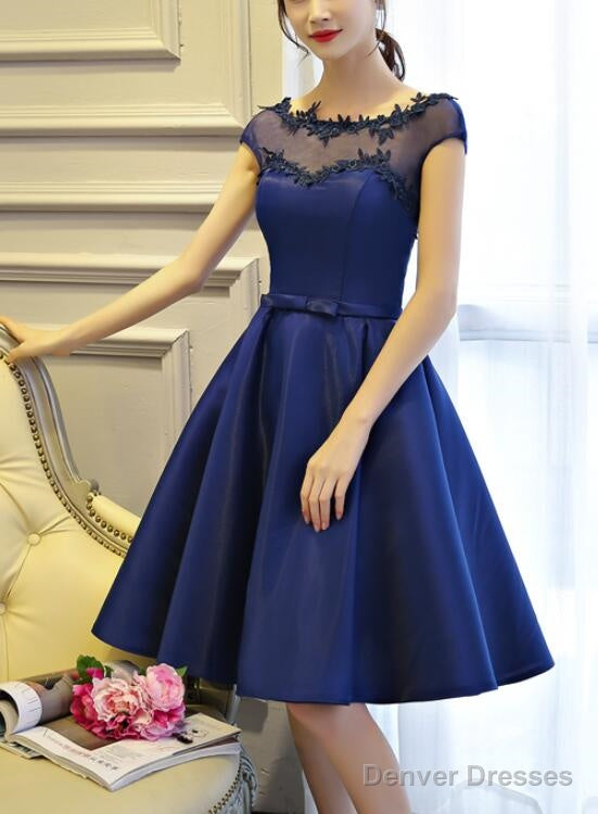 Blue Short Satin V Back Knee Length Homecoming Dress, Lovely Formal Dress